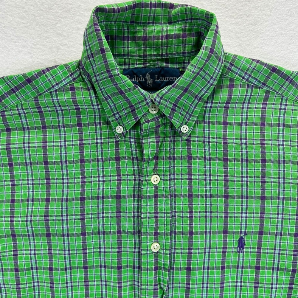 Ralph Lauren Blake Mens Small Green Purple Plaid Cotton Button Down Shirt Preppy - Picture 3 of 10